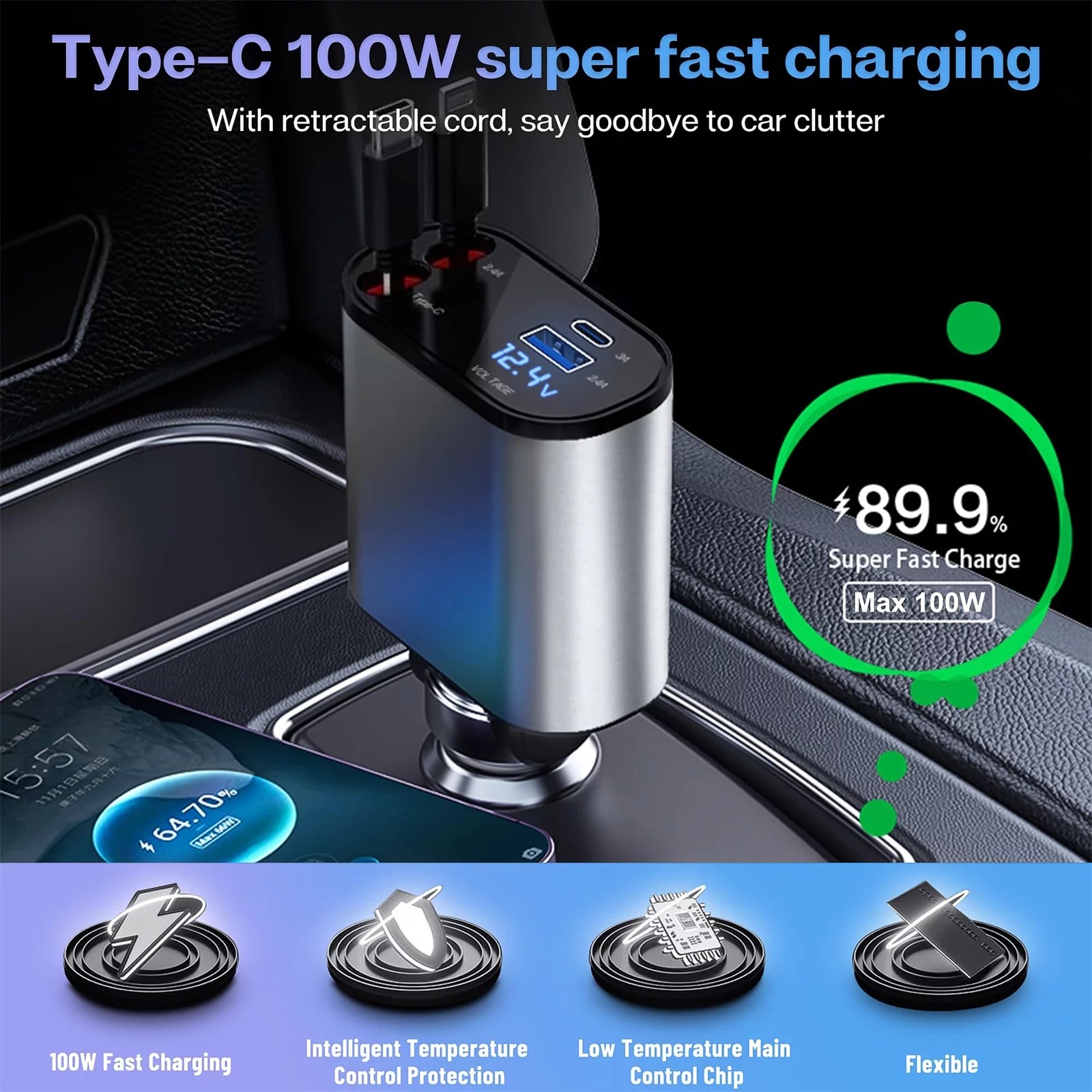 "4-in-1 Retractable Car Charger with 100W Fast Charging, iPhone and Type C Cable, and Dual USB Ports"