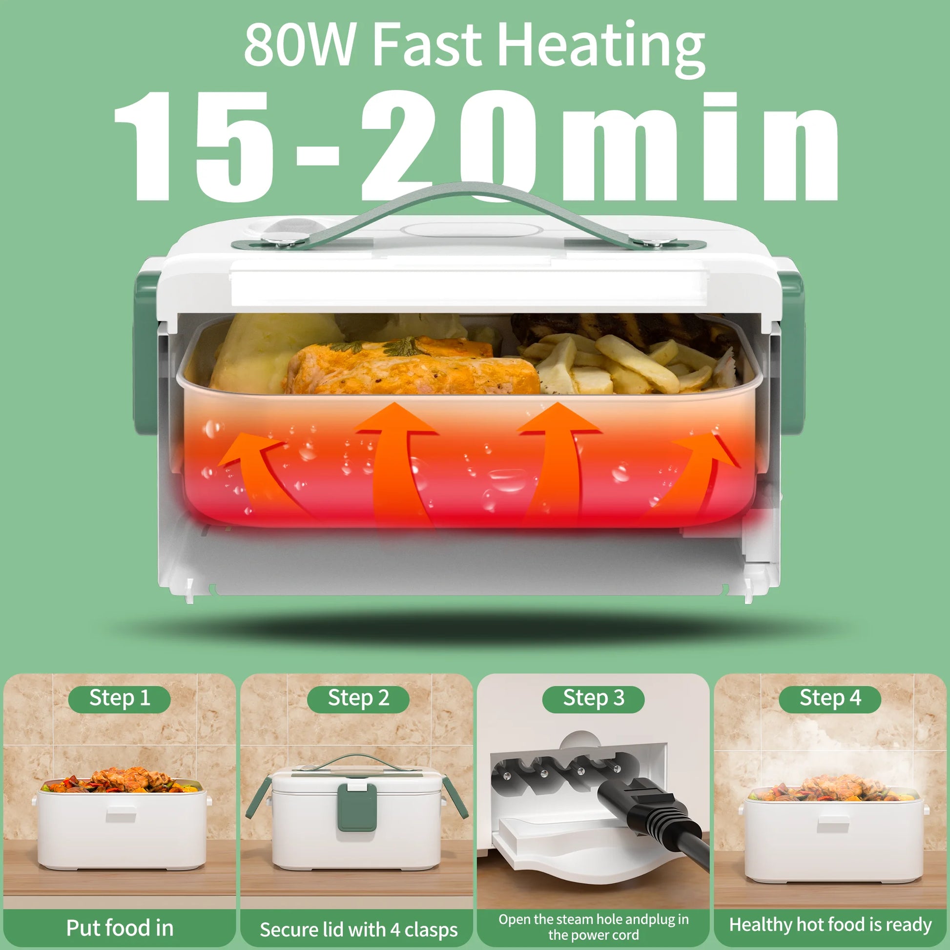 Electric Lunch Box, Food Warmer Heater 12V 24V 110V, 80W Faster Heated Lunch Box for Car/Truck/Home Portable Heating Boxes with 1.8L 304 SS Container Fork & Spoon