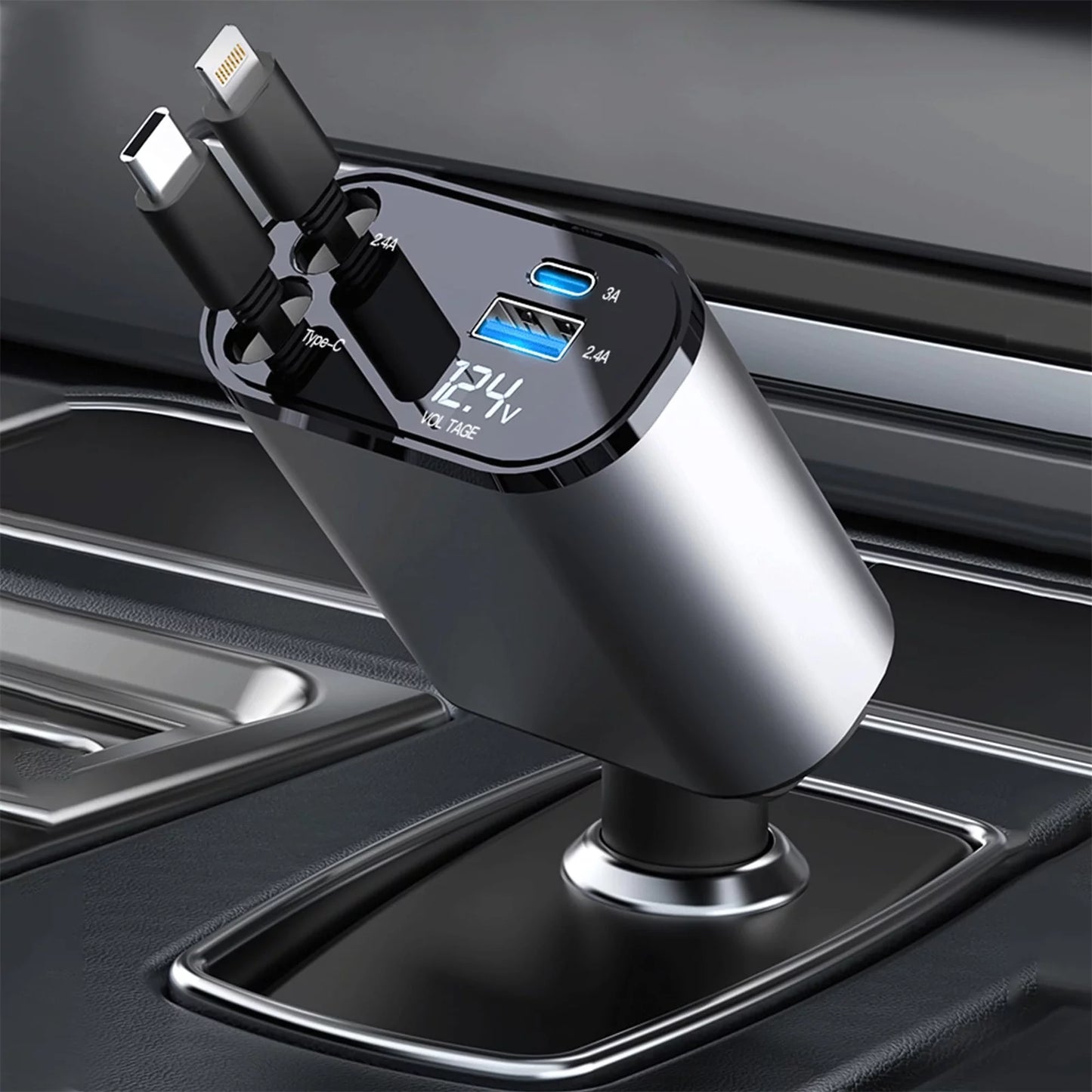 "4-in-1 Retractable Car Charger with 100W Fast Charging, iPhone and Type C Cable, and Dual USB Ports"