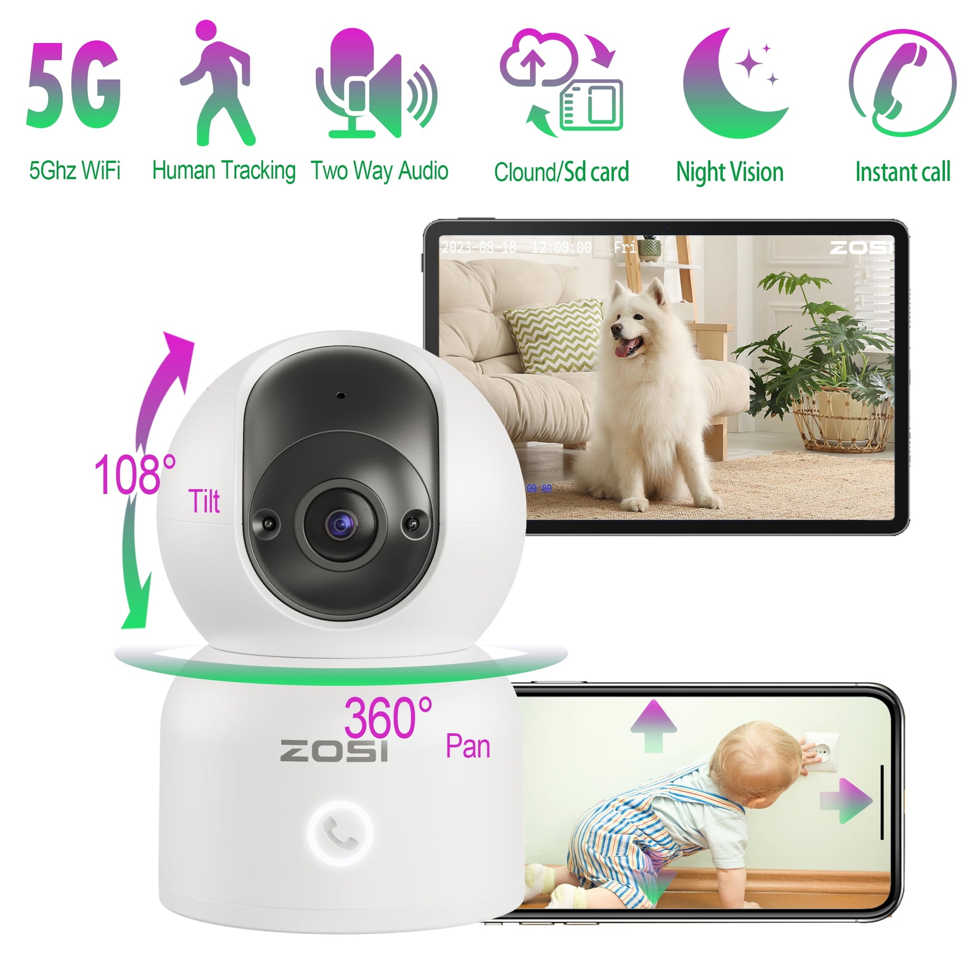 5Ghz Wifi Security Camera,  3MP Baby/Pet Monitor, 2K 360°View Wifi Camera with PIR Motion Sensor,Pan/Tilt Indoor Camera for Home/Office, 2 Way Audio, Night Vision