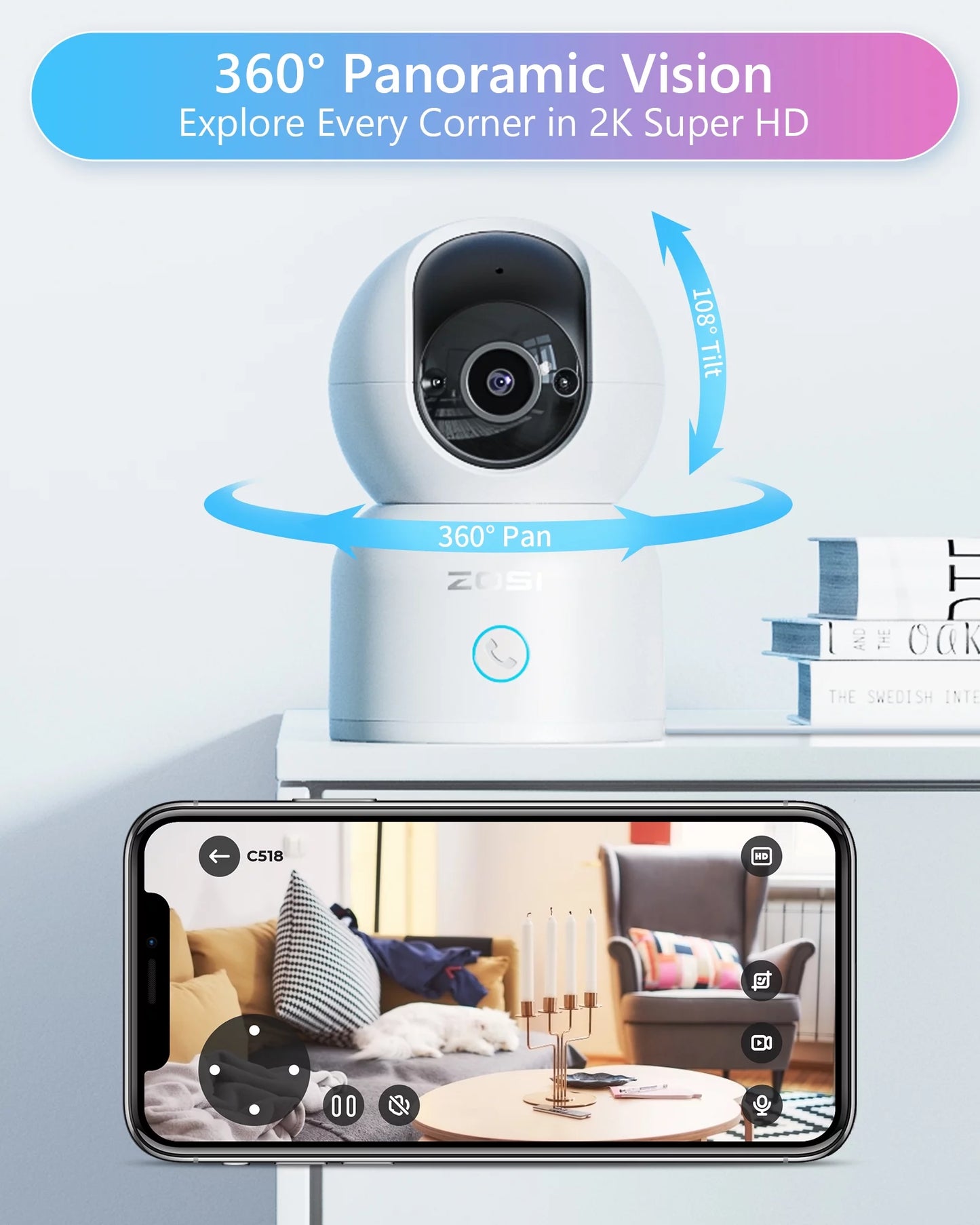 5Ghz Wifi Security Camera,  3MP Baby/Pet Monitor, 2K 360°View Wifi Camera with PIR Motion Sensor,Pan/Tilt Indoor Camera for Home/Office, 2 Way Audio, Night Vision