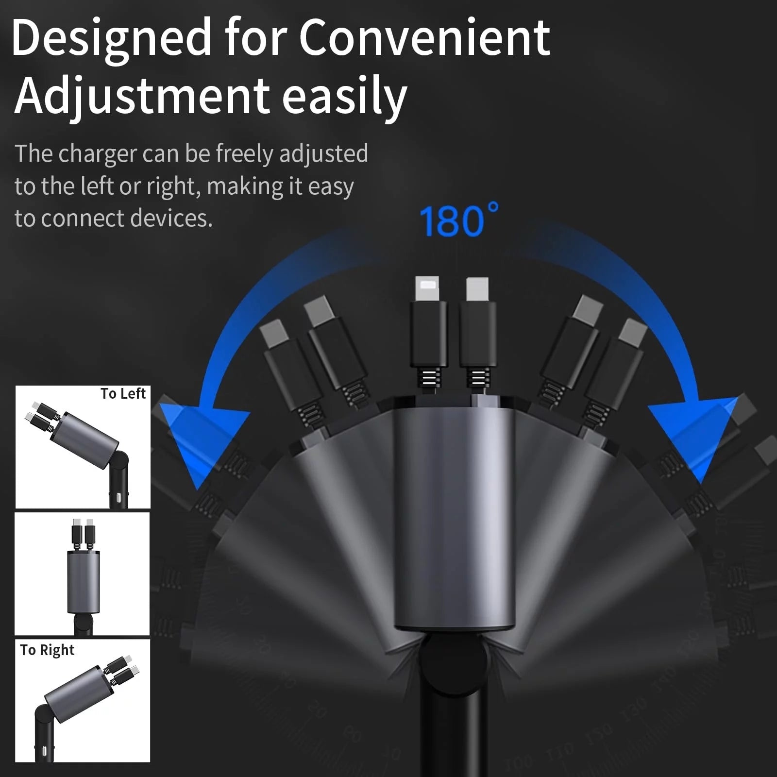 "4-in-1 Retractable Car Charger with 100W Fast Charging, iPhone and Type C Cable, and Dual USB Ports"