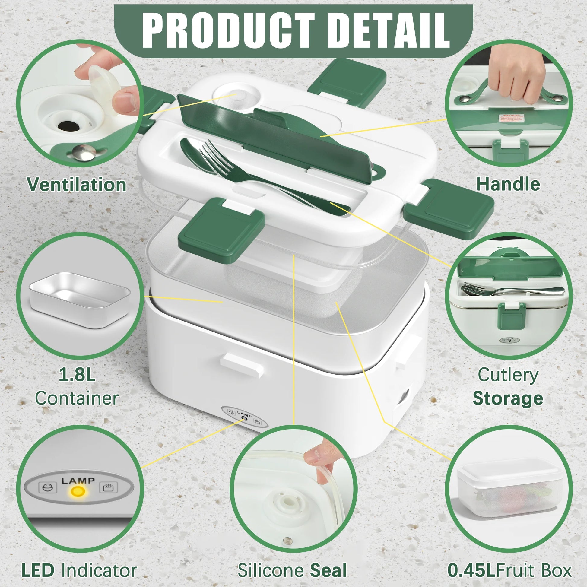 Electric Lunch Box, Food Warmer Heater 12V 24V 110V, 80W Faster Heated Lunch Box for Car/Truck/Home Portable Heating Boxes with 1.8L 304 SS Container Fork & Spoon