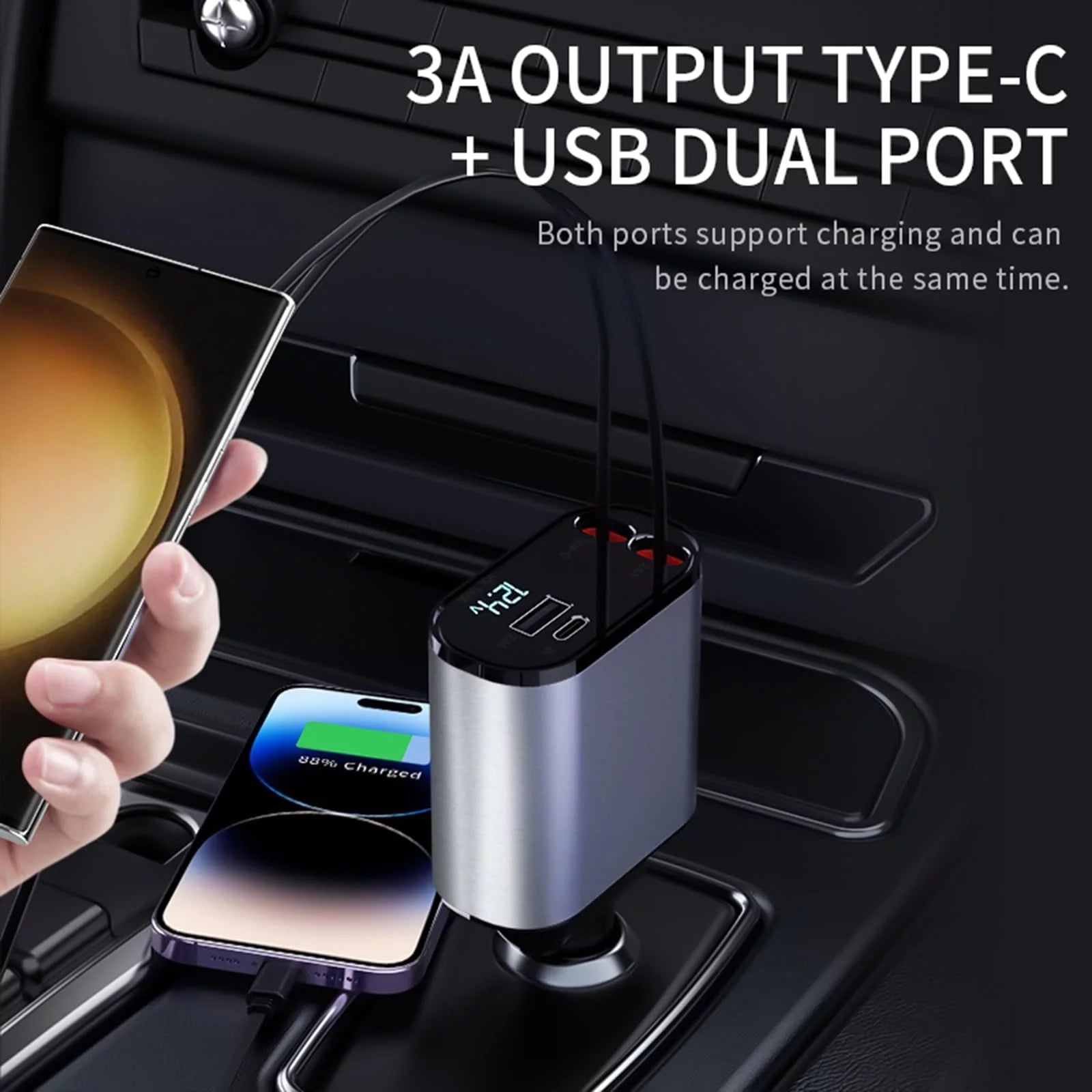 "4-in-1 Retractable Car Charger with 100W Fast Charging, iPhone and Type C Cable, and Dual USB Ports"